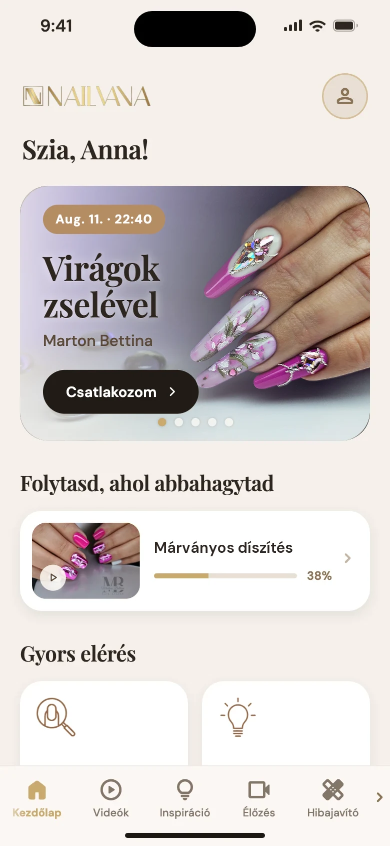 A NAILVANA app kezdőlapja: a következő élő bejelentkezés borítója időponttal, folytatható oktatóvideó és gyors elérés